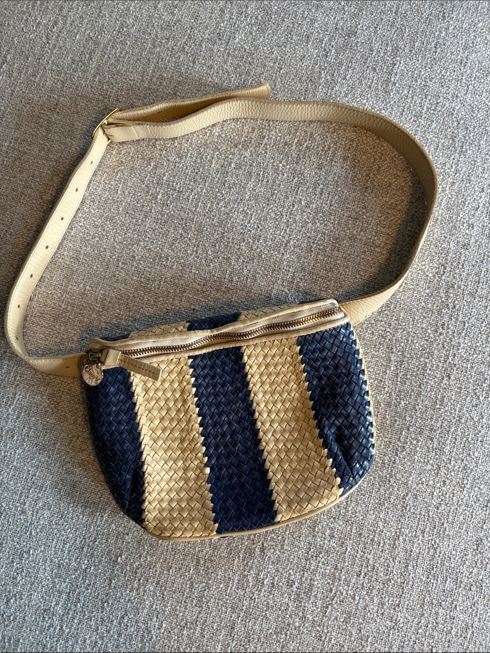 Clare V. Woven Stripe Crossbody Belt Bag in Navy and Beige